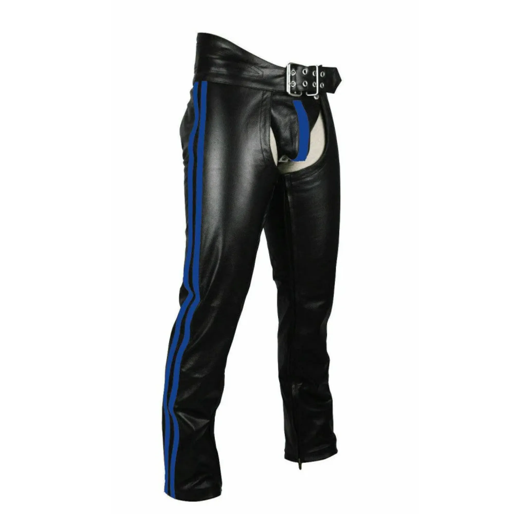 Mens Leather Chaps with Blue Stripes and Belt