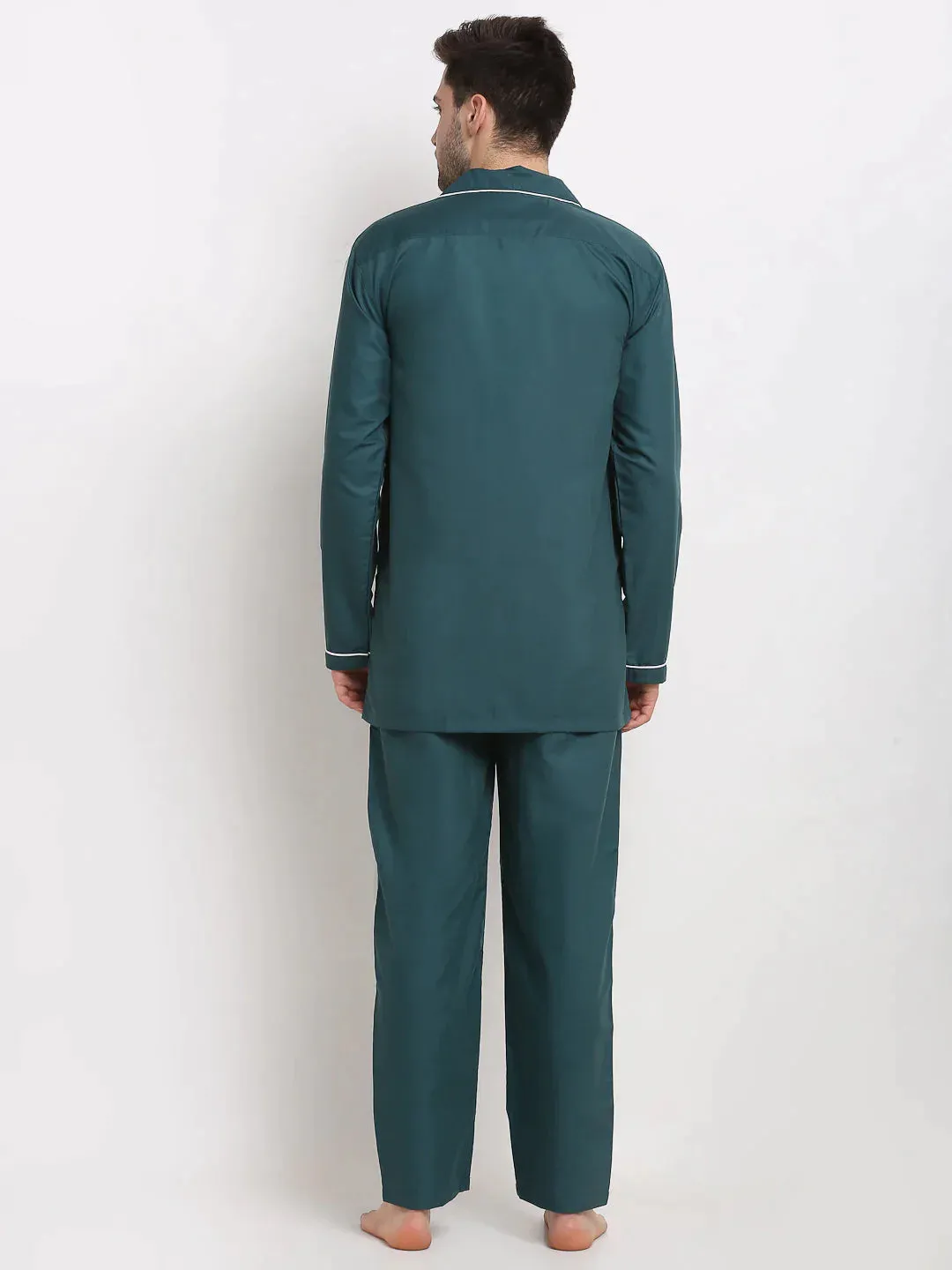 Men'S Teal Cotton Solid Night Suits