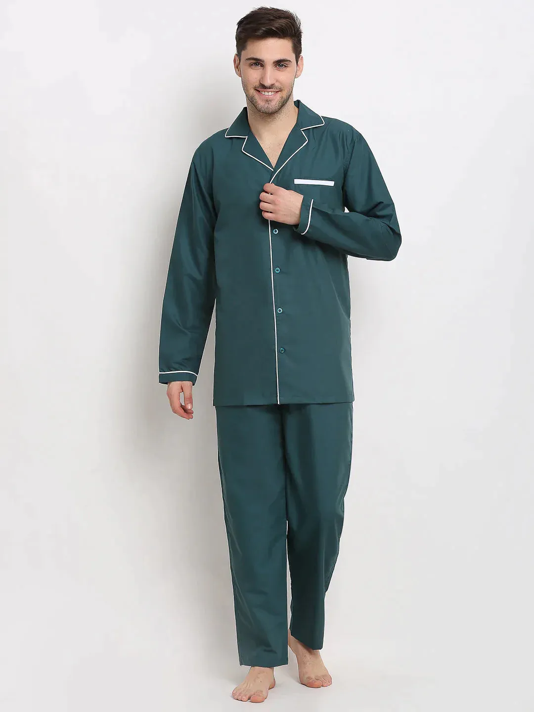 Men'S Teal Cotton Solid Night Suits