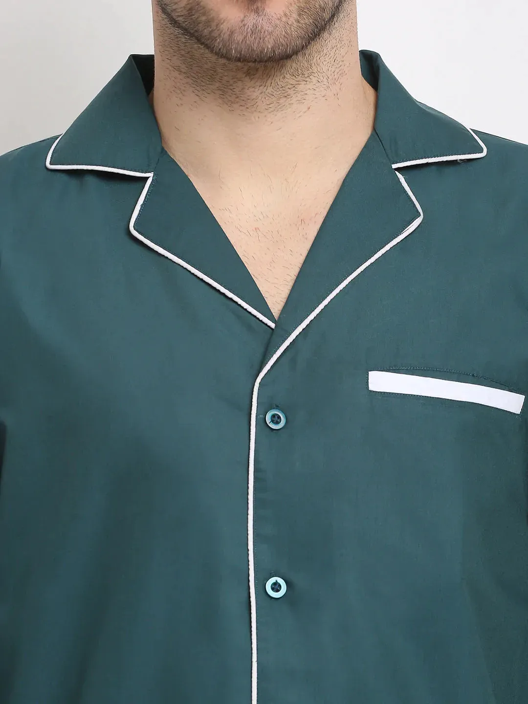 Men'S Teal Cotton Solid Night Suits