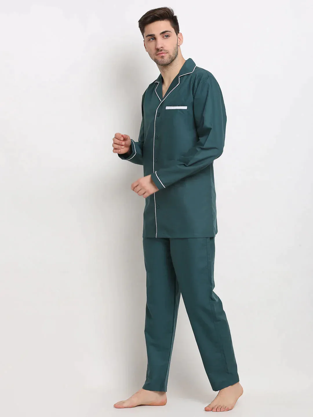 Men'S Teal Cotton Solid Night Suits