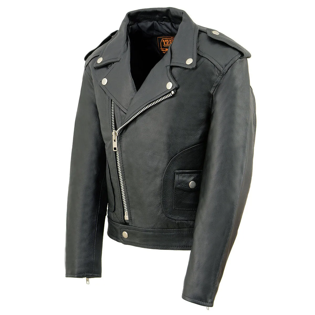 Milwaukee Leather LKK1920 Boy's Black Classic Leather Biker Jacket with Patch Pocket Style