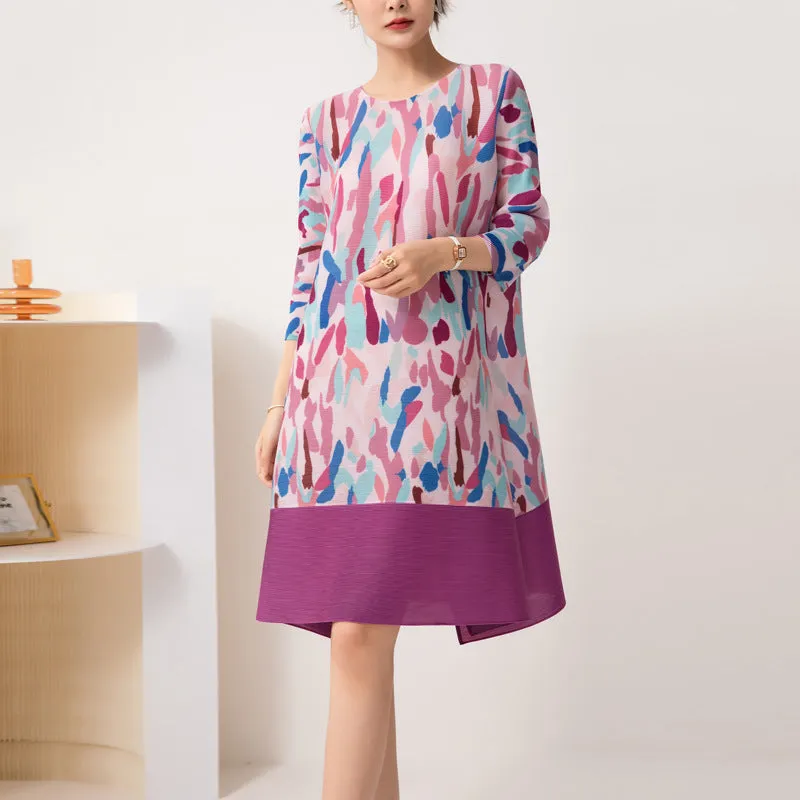 Miyake Pleated Abstract Print Round Neck Midi Dress