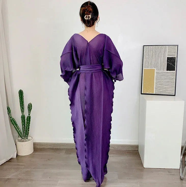 Miyake Pleated Irregular Hem Dress with Belt