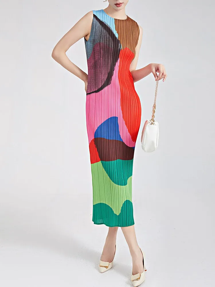 Miyake Pleated Round Neck Sleeveless Dress