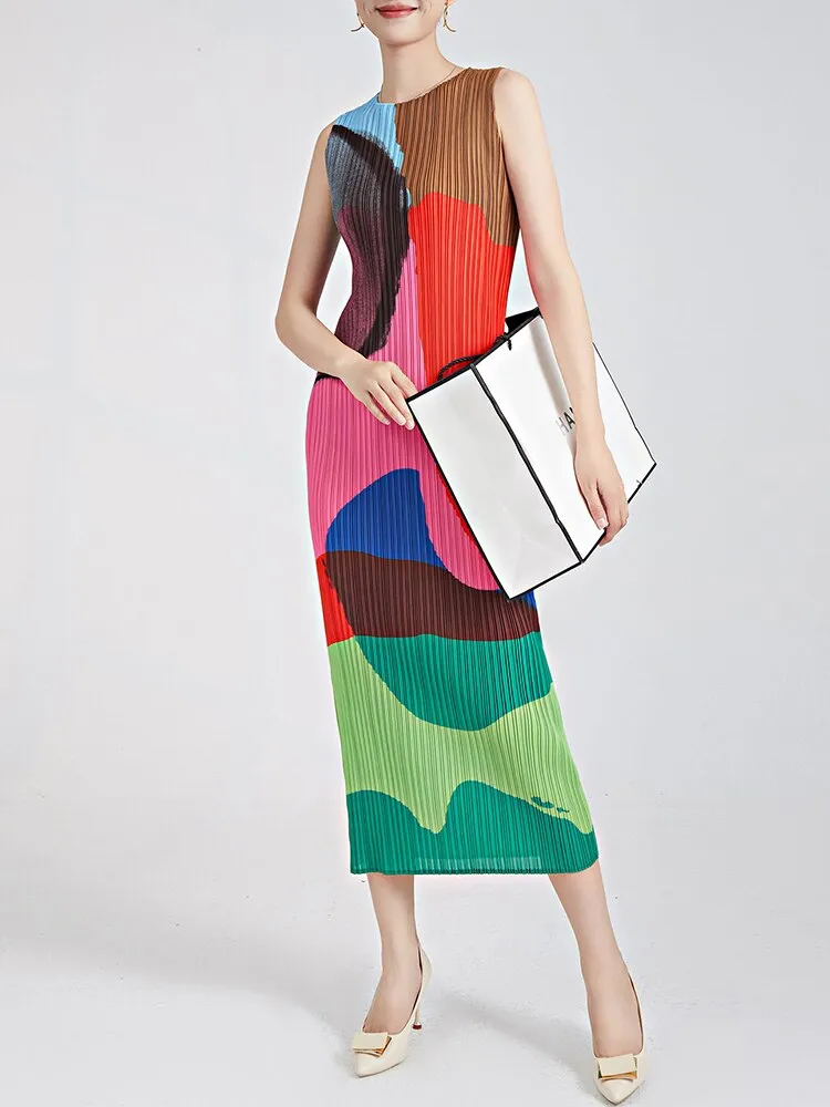 Miyake Pleated Round Neck Sleeveless Dress