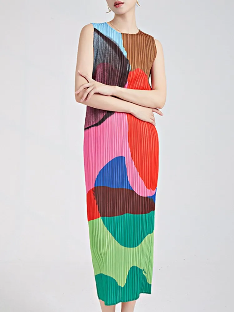 Miyake Pleated Round Neck Sleeveless Dress