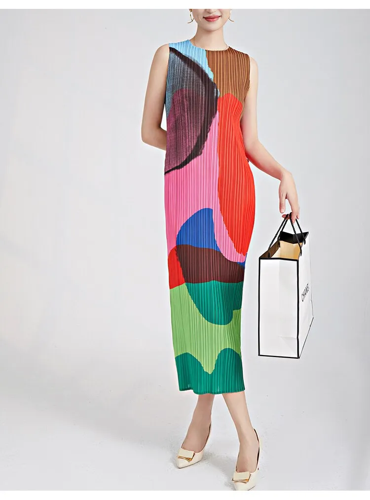 Miyake Pleated Round Neck Sleeveless Dress