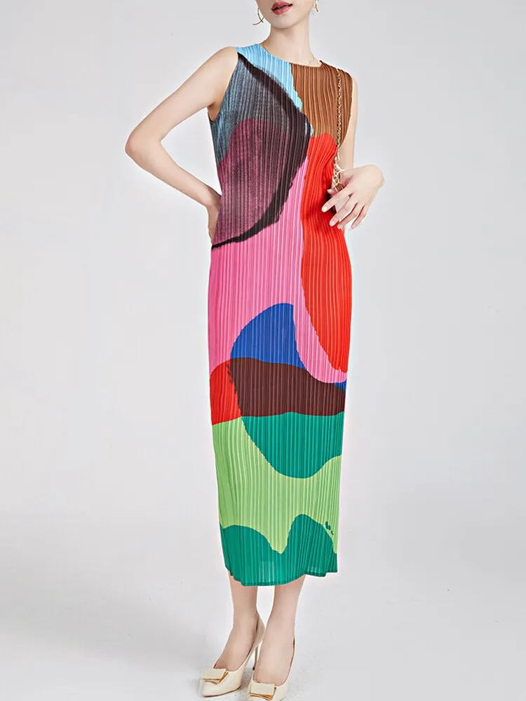 Miyake Pleated Round Neck Sleeveless Dress