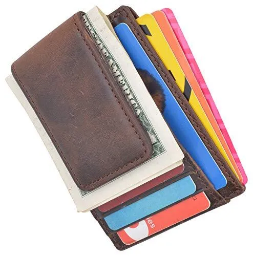 Money Clip Slim Vintage Leather Wallet For Men Front Pocket RFID Blocking Card Holder With Rare Earth Magnets 910EHTC