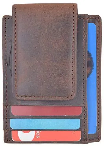 Money Clip Slim Vintage Leather Wallet For Men Front Pocket RFID Blocking Card Holder With Rare Earth Magnets 910EHTC