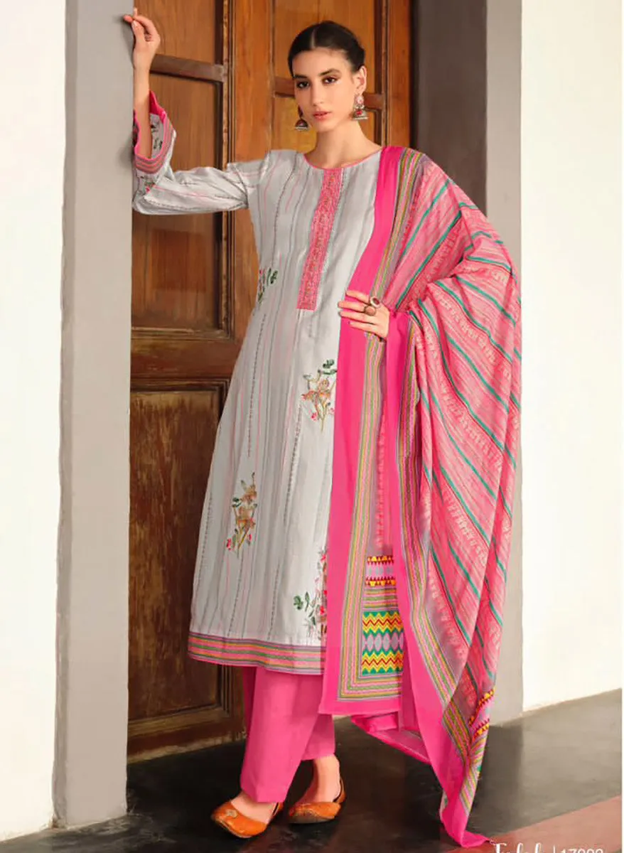 Mumtaz Arts Pink Lawn Cotton Unstitched Suit Material with Embroidery