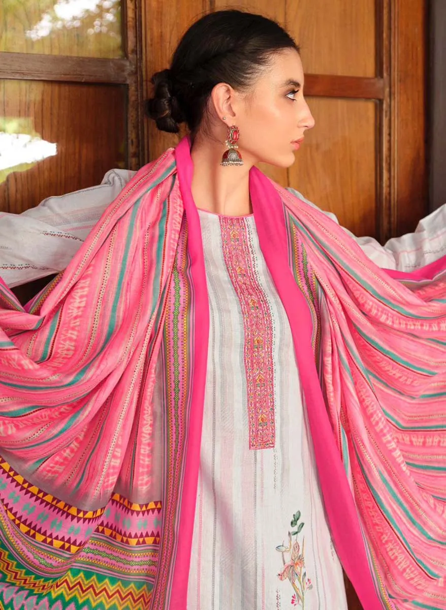 Mumtaz Arts Pink Lawn Cotton Unstitched Suit Material with Embroidery