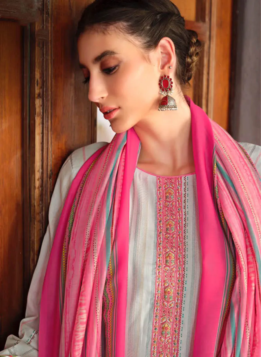 Mumtaz Arts Pink Lawn Cotton Unstitched Suit Material with Embroidery