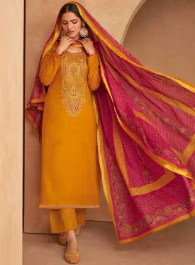 Mumtaz Arts Yellow Unstitched Cotton Satin Suit Dress Material for Ladies