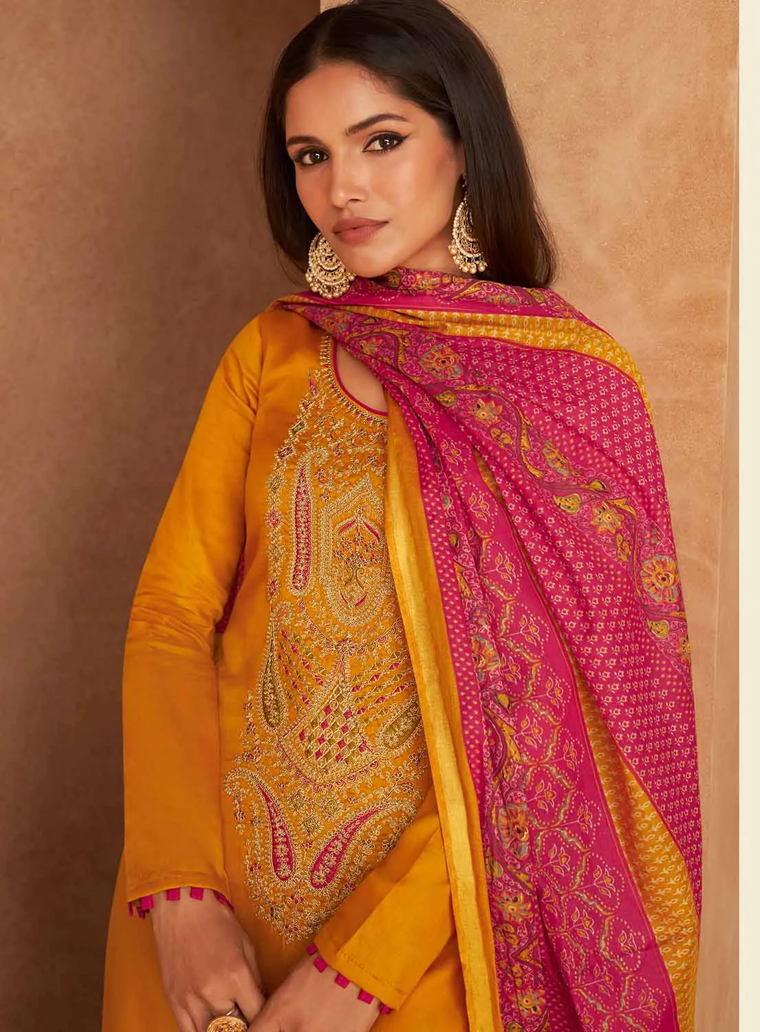 Mumtaz Arts Yellow Unstitched Cotton Satin Suit Dress Material for Ladies