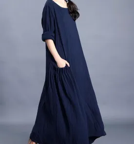 Navy  O Neck Pleated Side Pockets Long Sleeve Print Linen Women Maxi Dresses  LVSG200122