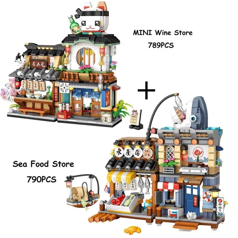 New LOZ Creative Sea Fish Food House Model Building Block MOC Retail Store With Figure Dolls Bricks Sets Boys Toys Kids Gifts