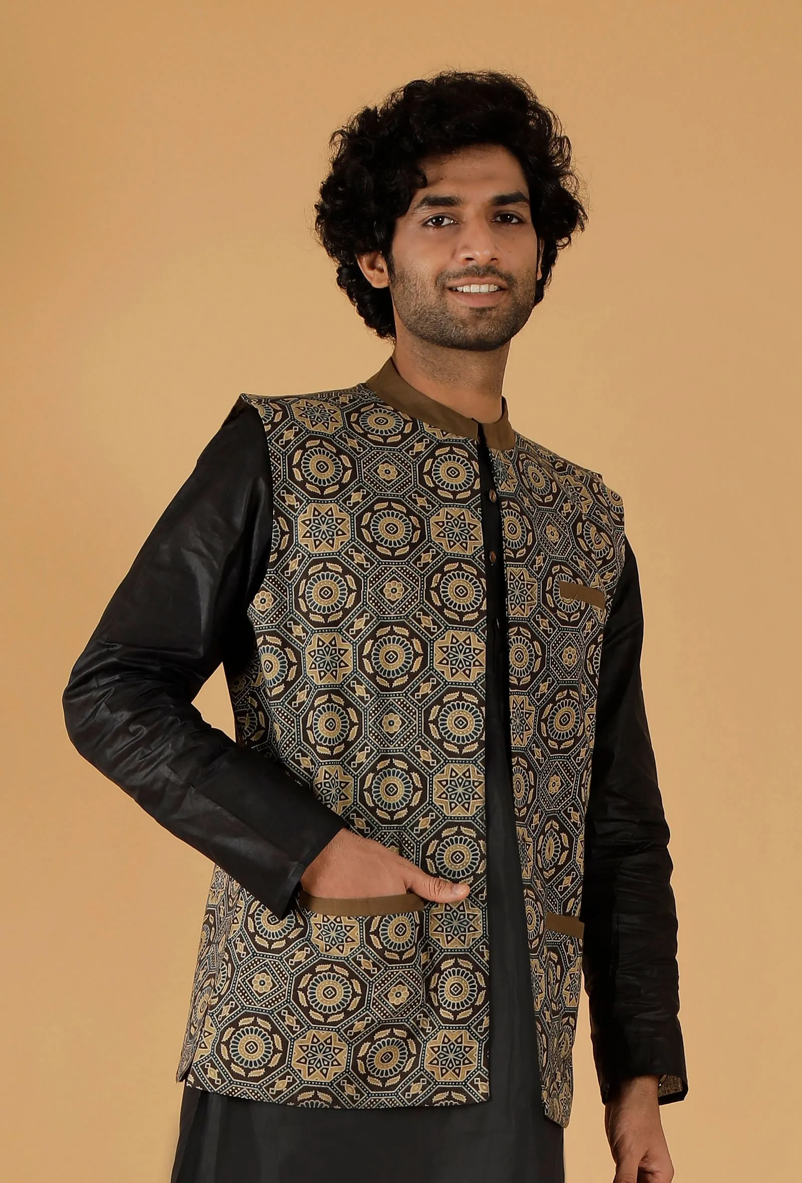 Olive Green Ajrakh Print Cotton Sleeveless Nehru Jacket With Pockets