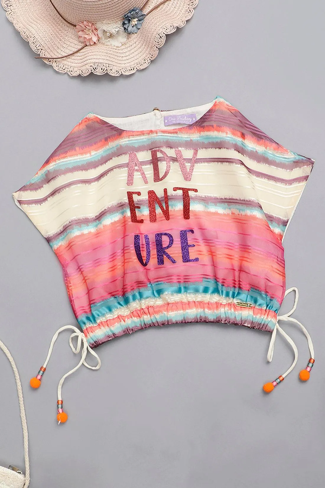 One Friday Kids Girls Multicolored Round Neck Crop Top