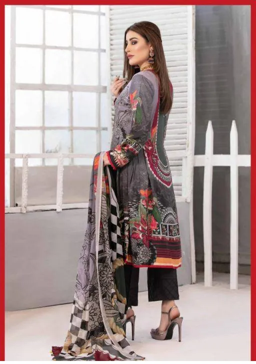 Pakistani Black Jam Satin Cotton Printed Dress Material for Ladies