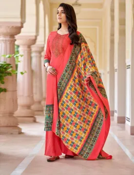 Pashmina Red Unstitched Winter Suits With Printed Dupatta