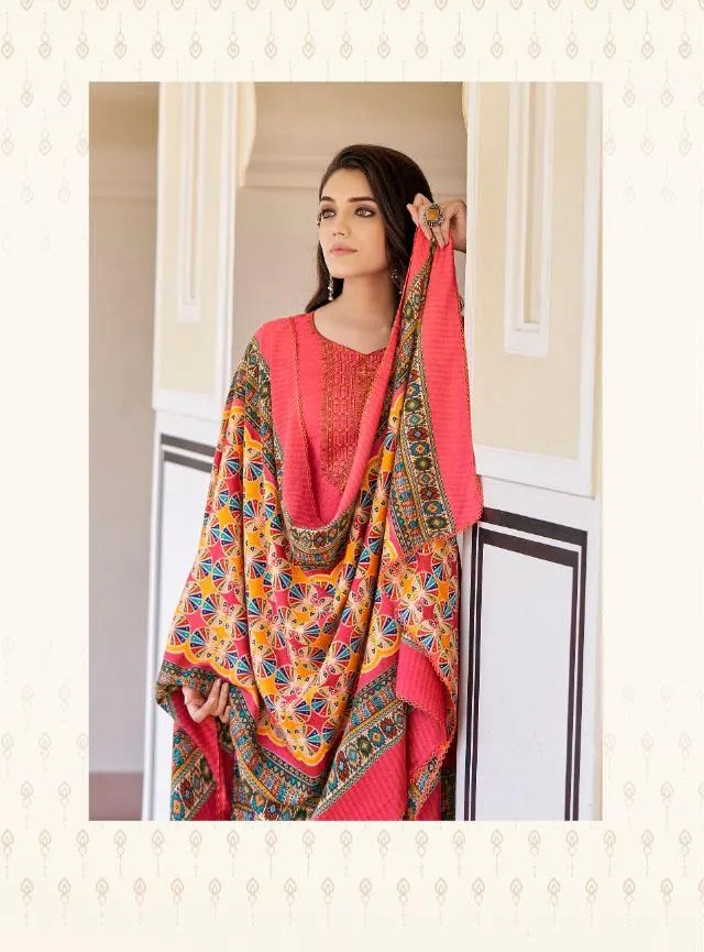 Pashmina Red Unstitched Winter Suits With Printed Dupatta