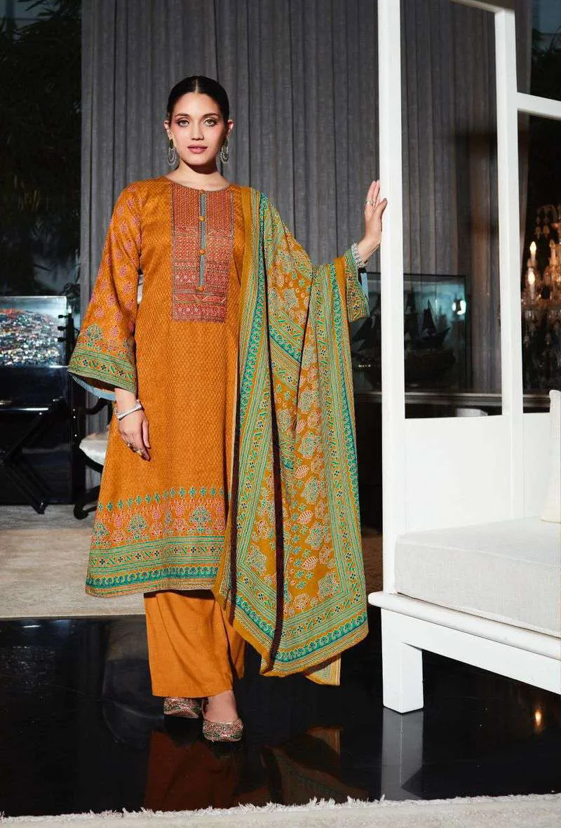 Pashmina Unstitched Yellow Winter Suits Set with Neck Embroidery