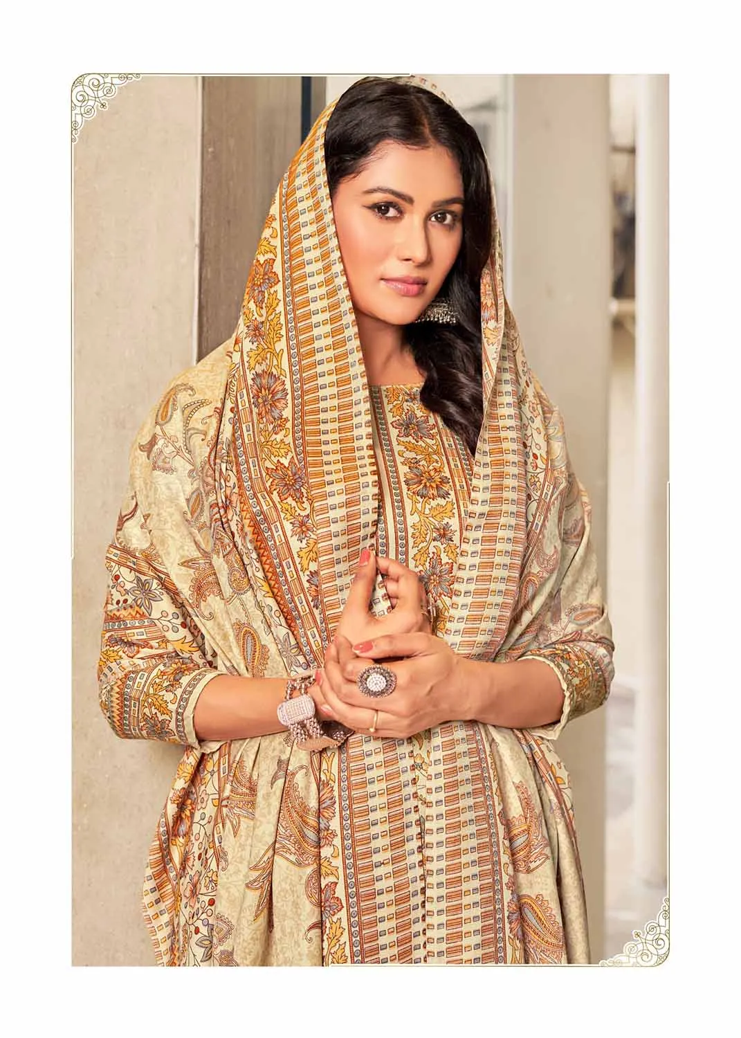 Pashmina Winter Unstitched Beige Suit Dress Material for Women