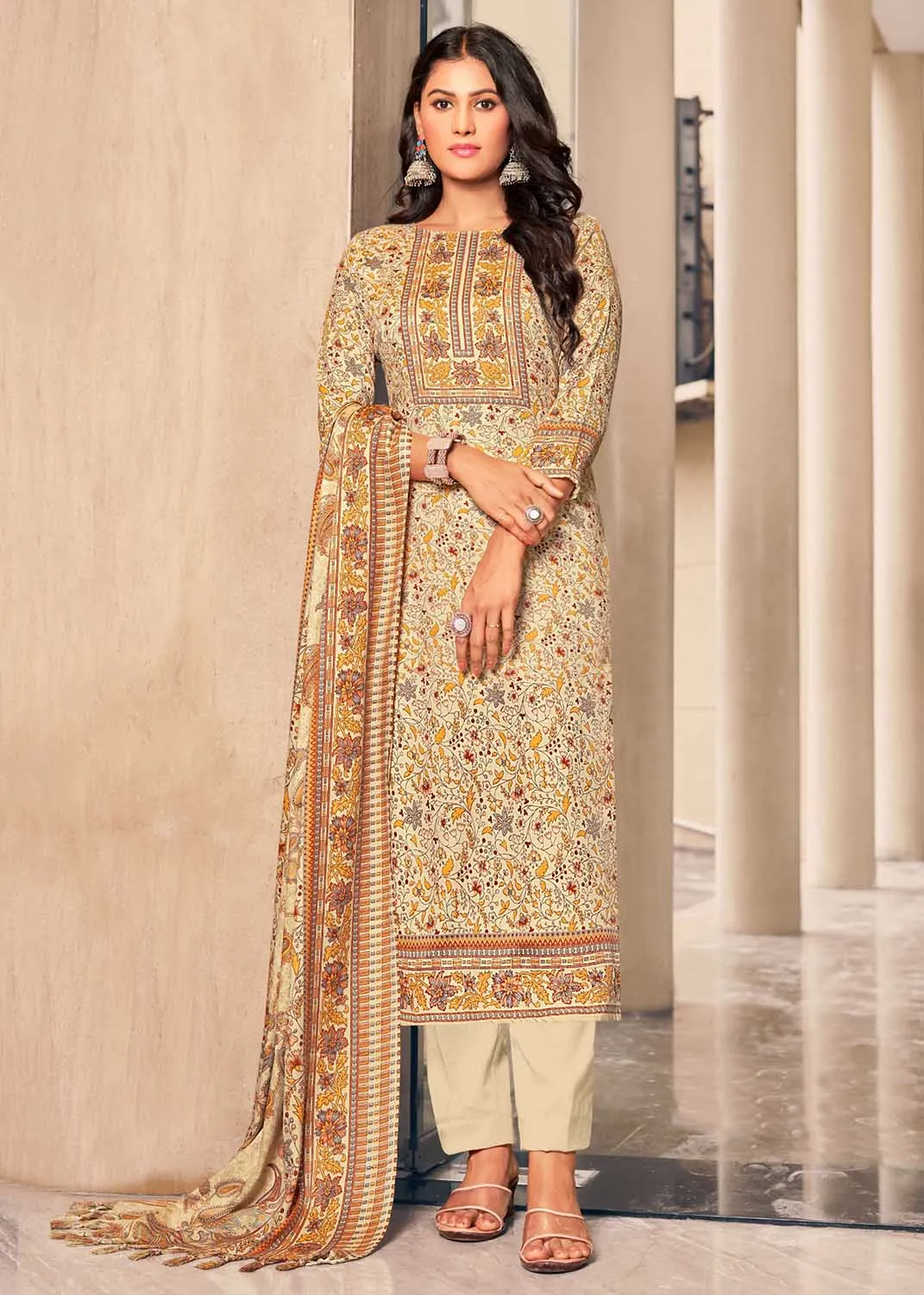 Pashmina Winter Unstitched Beige Suit Dress Material for Women