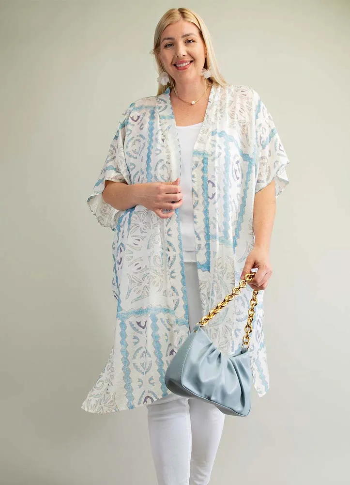 Plus Aztec Printed Kimono in Blue Combo by Kori America