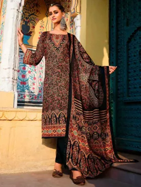 Printed Black Woollen Pashmina Unstitched Winter Suits