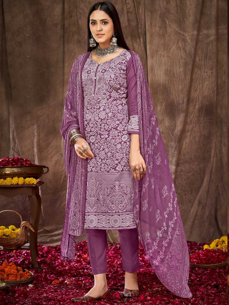 Printed Purple Cotton Unstitched Suit Material