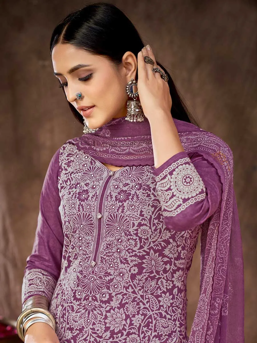 Printed Purple Cotton Unstitched Suit Material