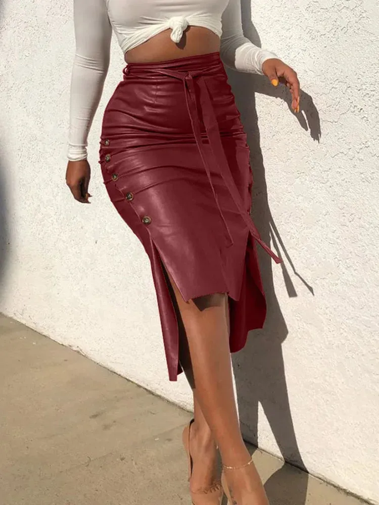 PU Leather Lace-up Side Button Slim Pencil Skirt