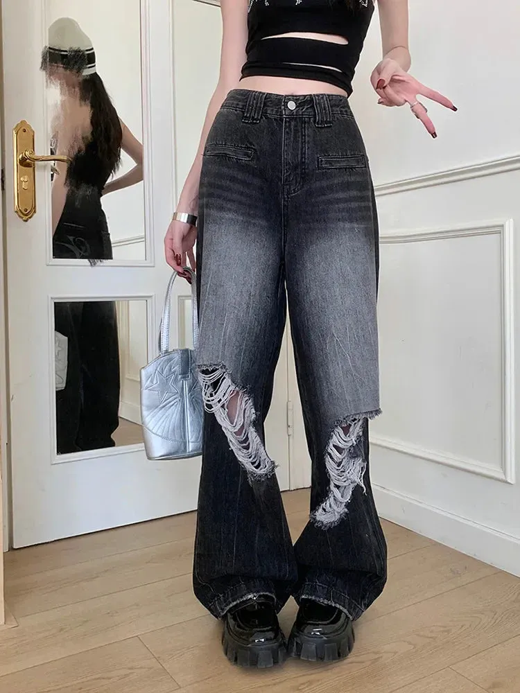 Punk Heavy Industry Washed Ripped Women Street Hip Hop Y2k Vintage Without Belt Jeans