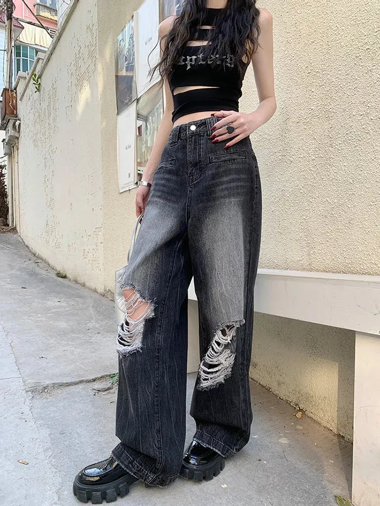 Punk Heavy Industry Washed Ripped Women Street Hip Hop Y2k Vintage Without Belt Jeans