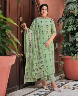 Pure Cotton Unstitched Green Salwar Kameez Suit Set With Print