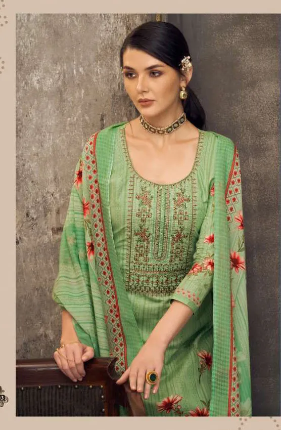 Pure Cotton Unstitched Green Suit Set Dress Material With Embroidery