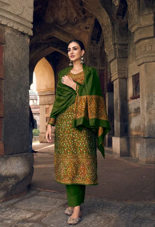 Pure Handloom Weaving Pashmina Green Winter Suits Set