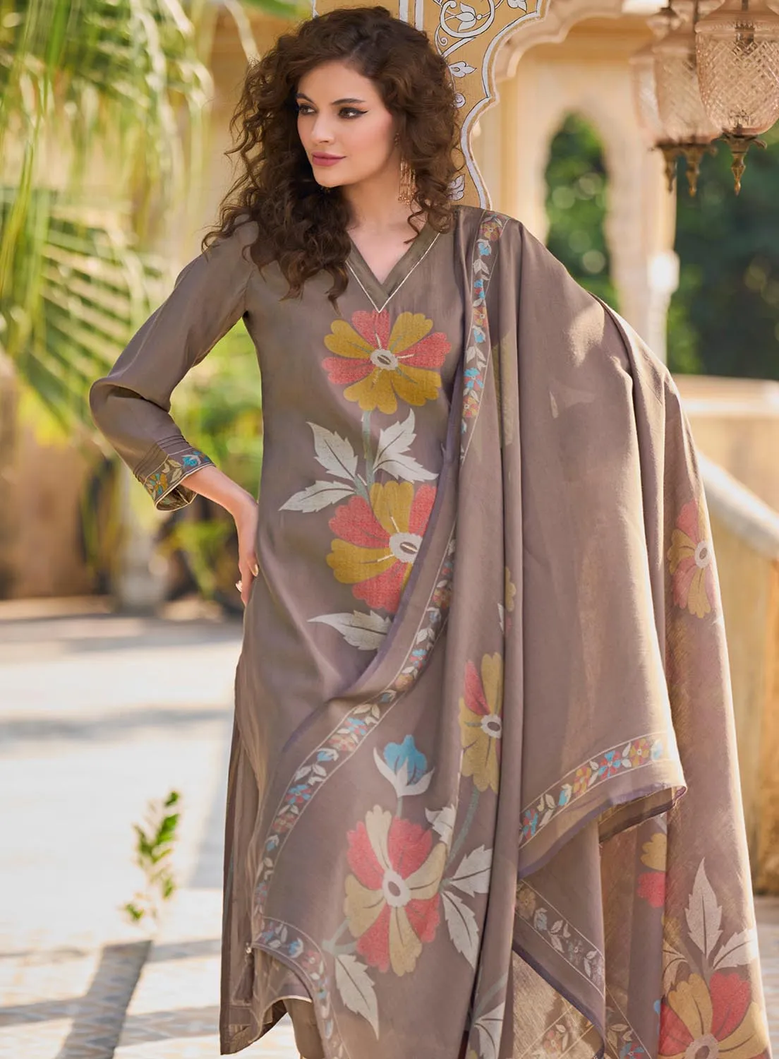 Pure Muslin Unstitched Brown Printed Women Salwar Suit Dress Material