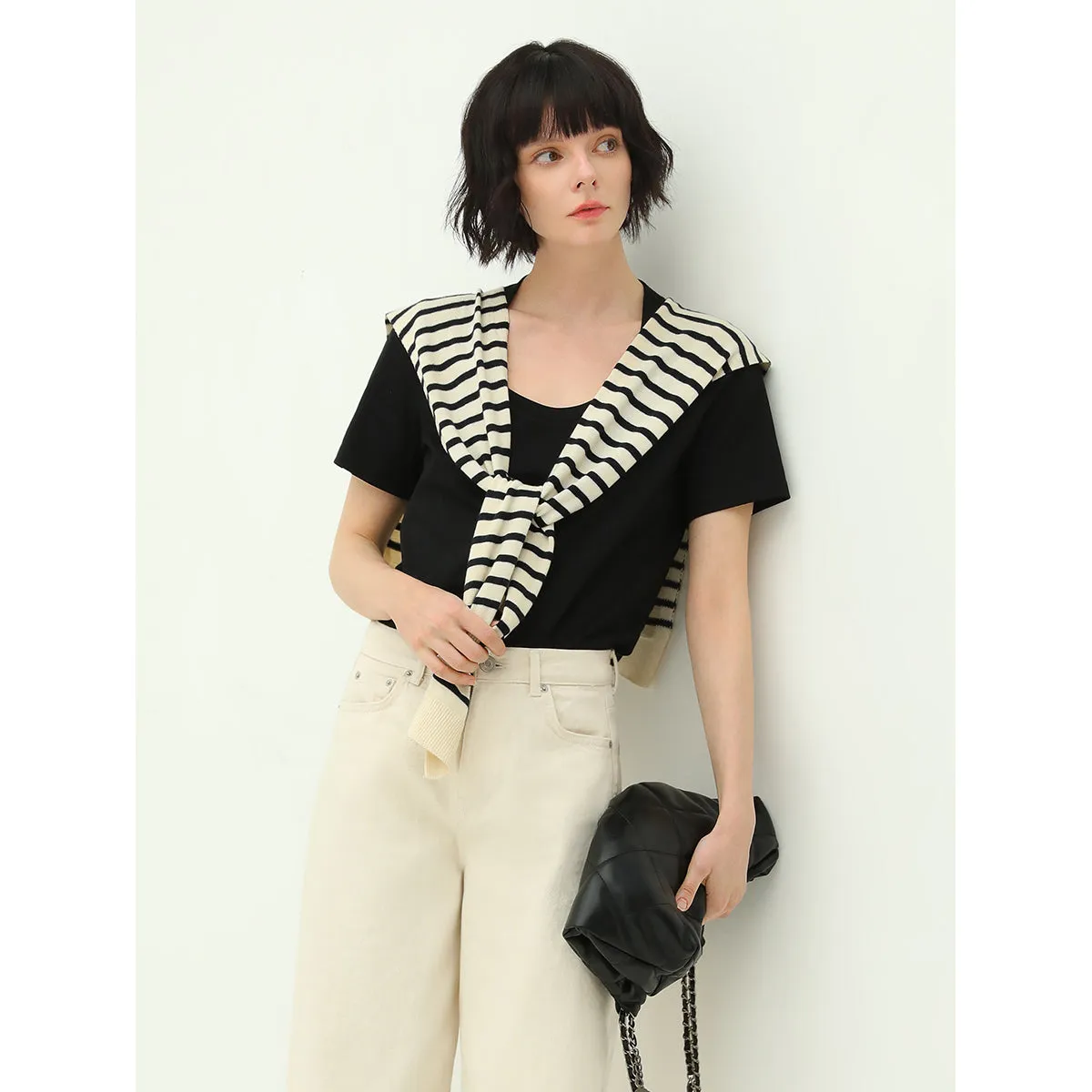 Short Sleeved Black Tee with Striped Shawl