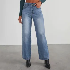 Slim-fit High Elasticity Mid-waist Straight-leg Women's Denim Pants