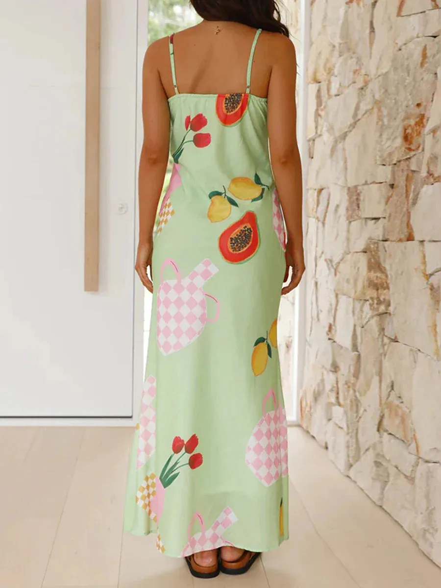 Slip Dress Spaghetti Straps V-neck Fruit Print Swing Summer Elegant Fashion Casual Women Dress