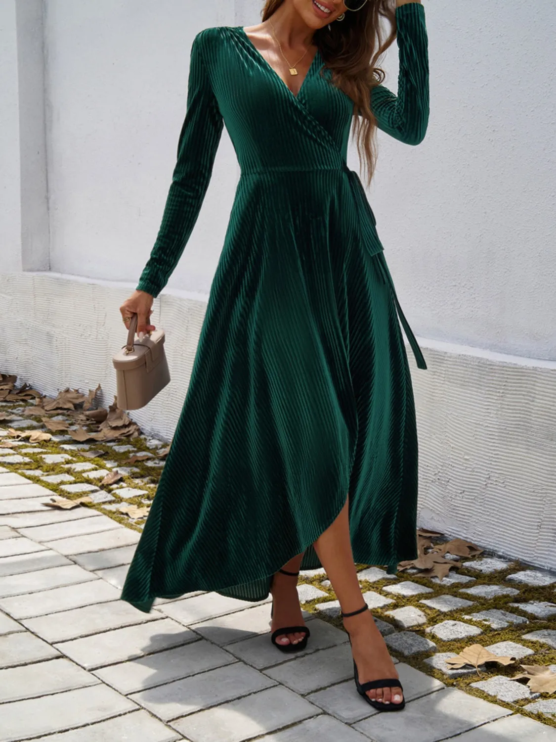 Split Surplice Long Sleeve Midi Dress