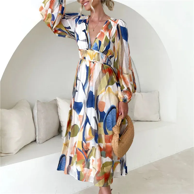 Spring Casual Print V-Neck Long Sleeve A-line Fashion Holiday Boho Dress