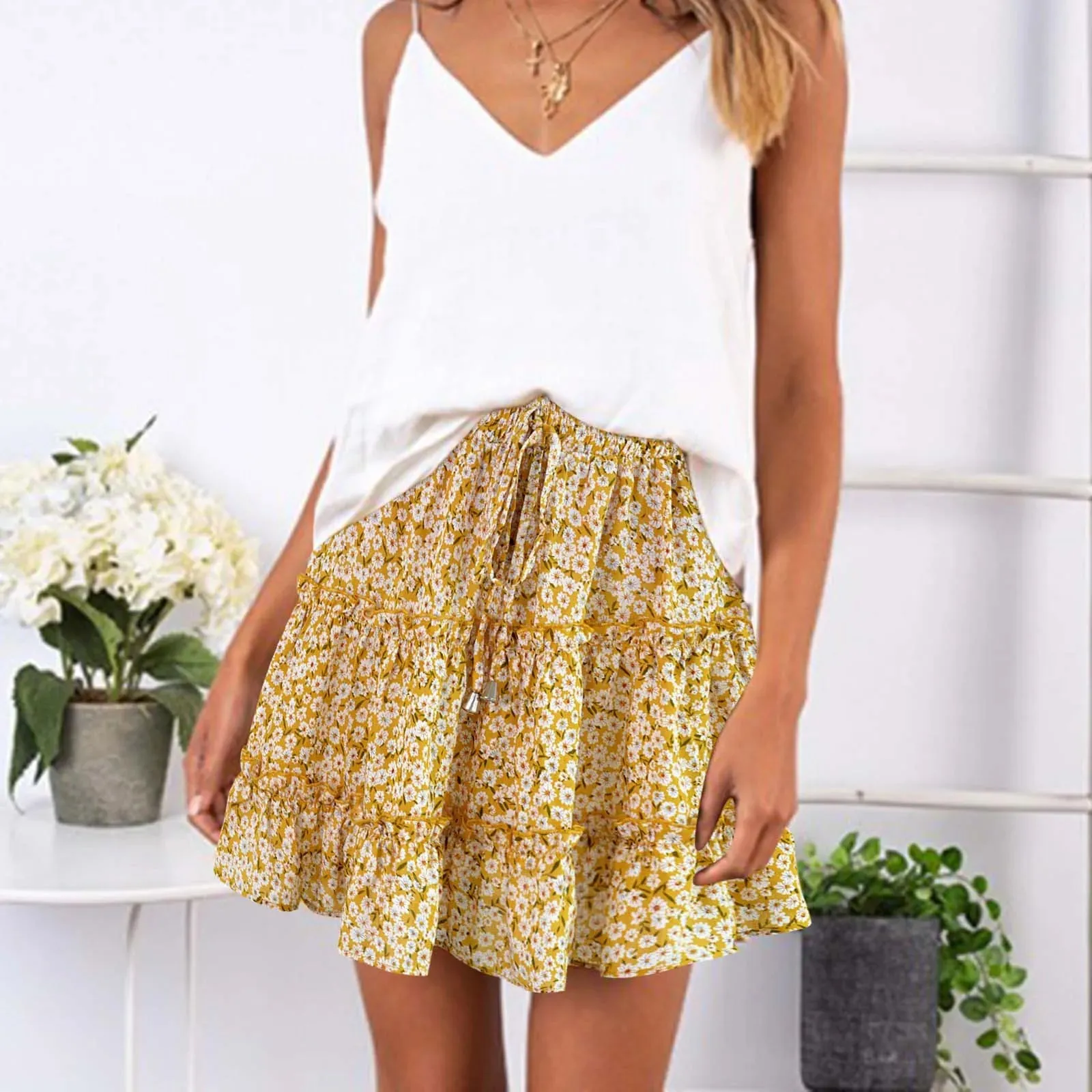 Summer Sweet Casual Holiday Floral Print Swing Beach All-matched Layer Ruffles Womens Skirt