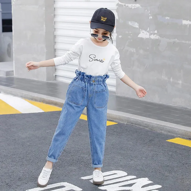 Summer Teen Girls Jeans Blue High Waist Slim Denim Pants for Girls Kids Trousers Casual Children Clothes for 10 12 14 Years