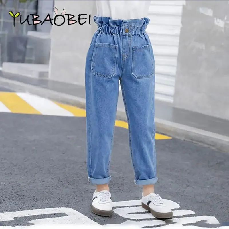 Summer Teen Girls Jeans Blue High Waist Slim Denim Pants for Girls Kids Trousers Casual Children Clothes for 10 12 14 Years