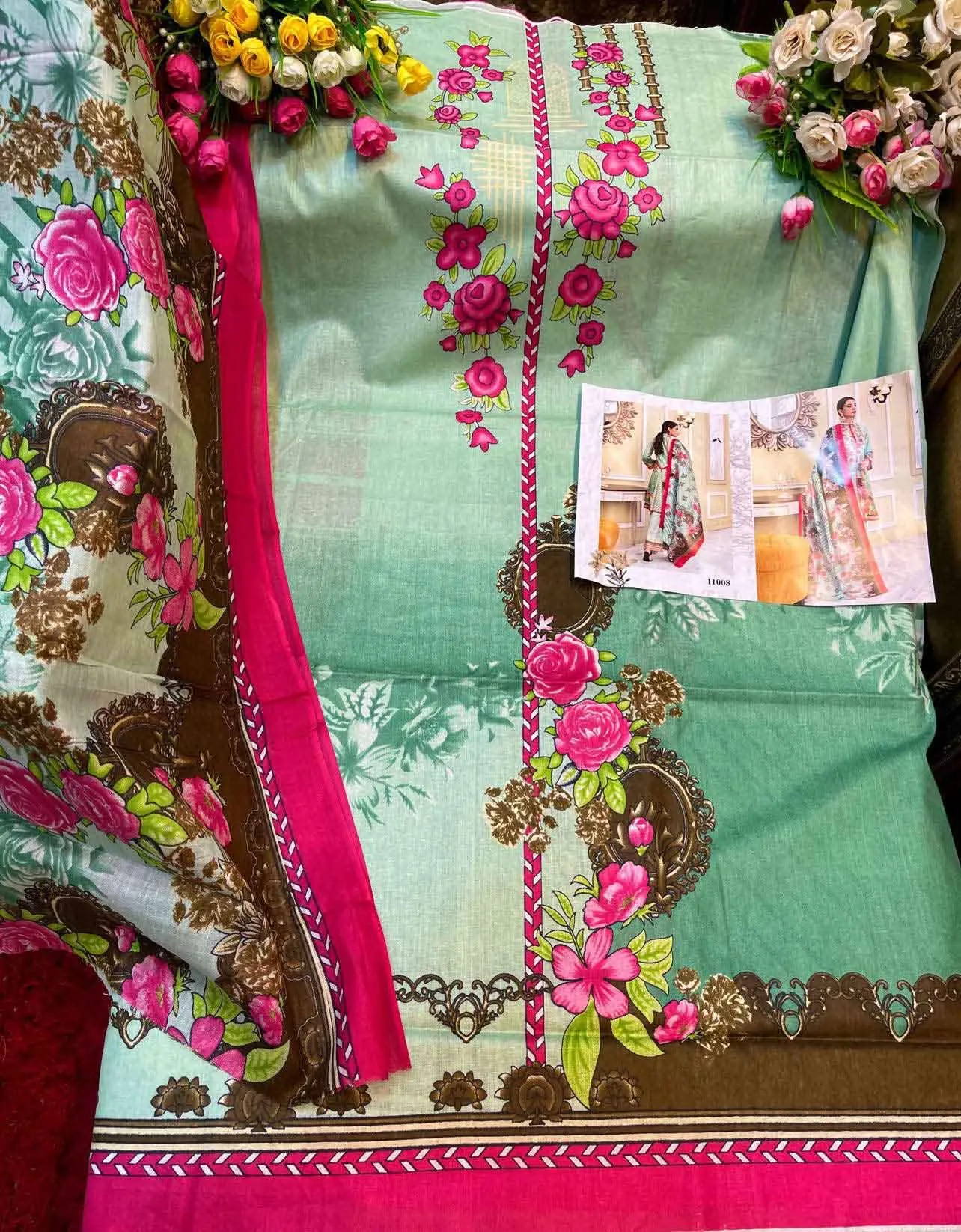 Unstitched Cotton Green Salwar Suit Pakistani Dress Material